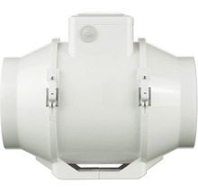 Buisventilator van wit kunststof met geïntegreerde aansluitdoos en bevestigingsklemmen voor ventilatiesystemen.