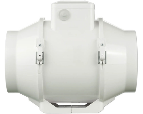 Buisventilator van wit kunststof met geïntegreerde aansluitdoos en bevestigingsklemmen voor ventilatiesystemen.