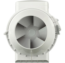 Buisventilator van kunststof in vooraanzicht met zichtbare ventilatorbladen.