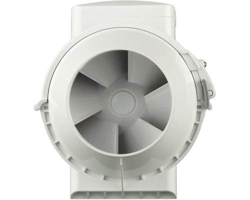 Buisventilator van kunststof in vooraanzicht met zichtbare ventilatorbladen.