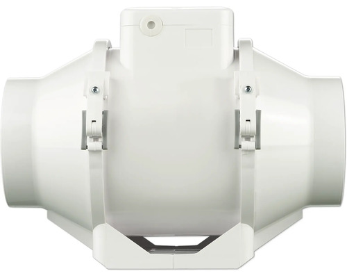 Witte buisventilator van kunststof voor ventilatiesystemen, model voor wand- of plafondmontage.