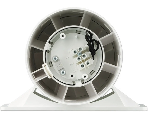 Achteraanzicht van een kunststof buisventilator met zichtbare elektrische aansluiting en ventilatorbladen.