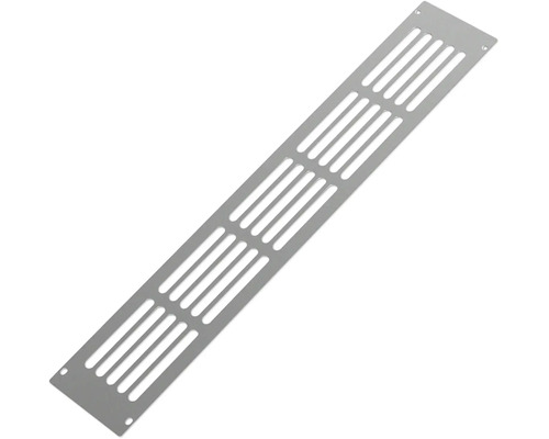 Rechthoekig metalen ventilatierooster met meerdere ventilatiesleuven en bevestigingsgaten in de hoeken.