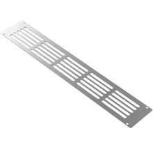 Rechthoekig ventilatierooster van aluminium met parallelle ventilatiesleuven voor meubels of plinten.