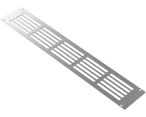 Rechthoekig ventilatierooster van aluminium met parallelle ventilatiesleuven voor meubels of plinten.