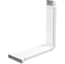 Witte ventilatiekanaalset van kunststof in L-vorm met plat kanaal, verticale schacht en ventilatierooster.