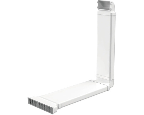 Witte ventilatiekanaalset van kunststof in L-vorm met plat kanaal, verticale schacht en ventilatierooster.