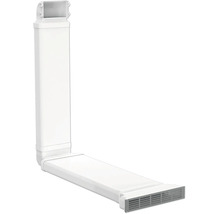 Wit vlak kanaalsysteem van kunststof voor ventilatiesystemen met bochtstuk en ventilatierooster.