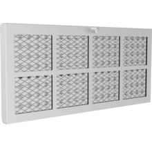 Rechthoekig ventilatierooster met acht roostervlakken en een regelknop.