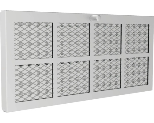 Rechthoekig ventilatierooster met acht roostervlakken en een regelknop.