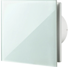 Vierkante badkamerventilator met witte glazen frontplaat voor badkamer en toilet.