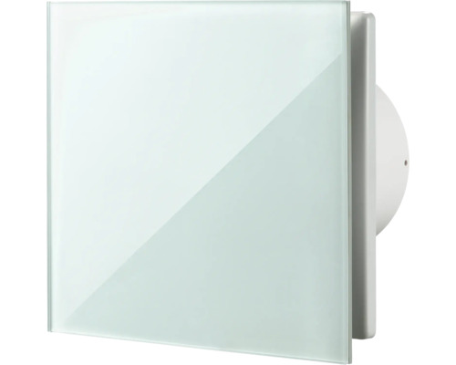 Vierkante badkamerventilator met witte glazen frontplaat voor badkamer en toilet.