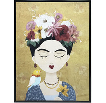 Ingelijst schilderij van een vrouw in de stijl van Frida Kahlo met bloemenkrans, vogel op haar schouder en goudkleurige achtergrond.