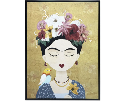 Ingelijst schilderij van een vrouw in de stijl van Frida Kahlo met bloemenkrans, vogel op haar schouder en goudkleurige achtergrond.