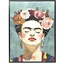 Ingelijst schilderij met een portret van een vrouw met een bloemenkrans en donker haar in de stijl van Frida Kahlo.