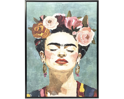 Ingelijst schilderij met een portret van een vrouw met een bloemenkrans en donker haar in de stijl van Frida Kahlo.