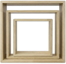 Driedelige set wandplanken van hout in vierkante vorm, verschillende maten, in elkaar geschoven.