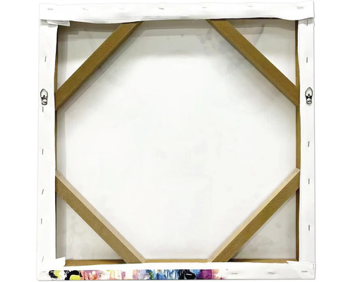 Achterzijde van een canvas schilderij met houten spieraam en metalen ophanghaken.