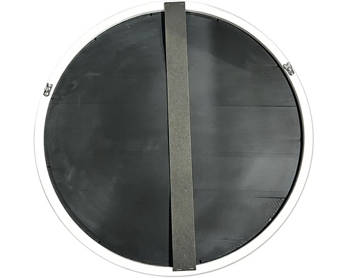 Achterkant van een ronde spiegel met een verticale metalen stang en bevestigingsklemmen aan de rand.