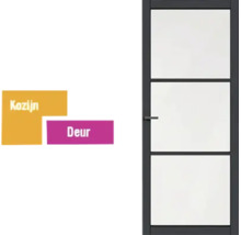 Moderne binnendeur met kozijn en drie glaspanelen in industriële stijl.