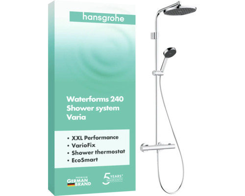 hansgrohe douchesysteem Waterforms 240 Varia met hoofddouche, handdouche en douchethermostaat. hansgrohe Logo en zegel voor 5 jaar garantie.