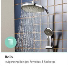 Hansgrohe douchesysteem van chroom met ronde regendouche en handdouche op getegelde wand, straalsoort Rain.