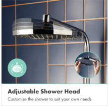 Verstelbare chromen douchekop met kantelbare kop voor individuele instelling van de waterstraal.