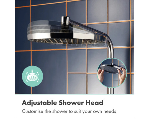 Verstelbare chromen douchekop met kantelbare kop voor individuele instelling van de waterstraal.