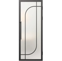 Glazen deur in loft-stijl met zwart metalen frame, boogpatroon en melkglas.