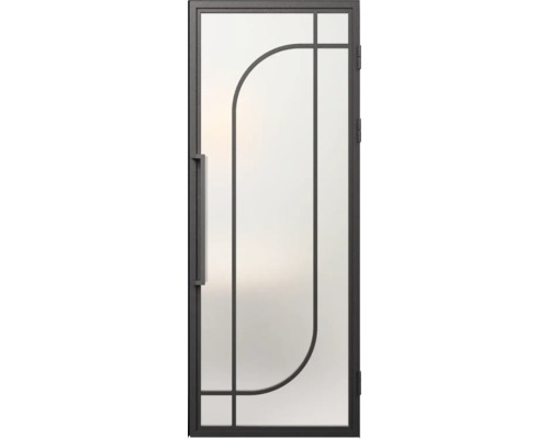 Glazen deur in loft-stijl met zwart metalen frame, boogpatroon en melkglas.