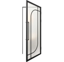 Glazen deur van matglas in industriële stijl met zwart metalen frame, gebogen roeden en een lange handgreep.