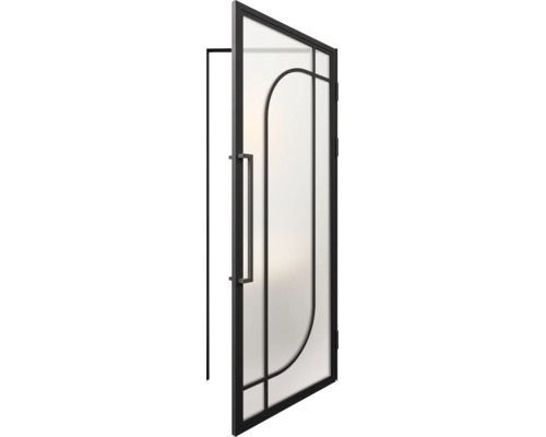 Glazen deur van matglas in industriële stijl met zwart metalen frame, gebogen roeden en een lange handgreep.