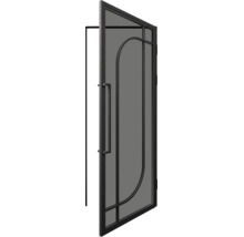 Loftdeur van zwart metaal en glas met boogontwerp en stanggreep.