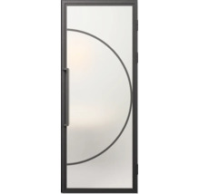 Binnendeur van glas met metalen frame, halfrond decoratief element op matglas en verticale handgreep.