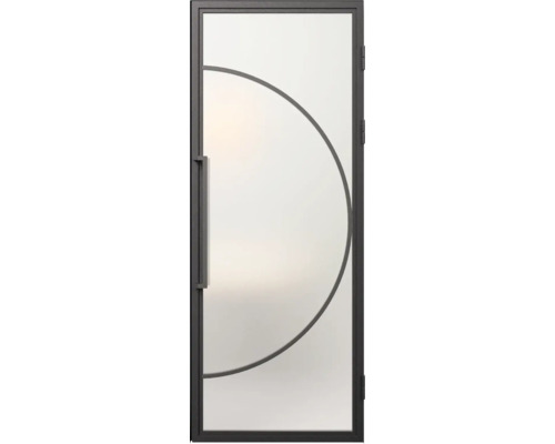Binnendeur van glas met metalen frame, halfrond decoratief element op matglas en verticale handgreep.