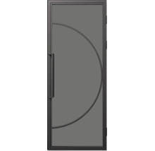 Moderne zwarte deur met metalen frame en glazen paneel, decoratief halfrond element en lange verticale handgreep.