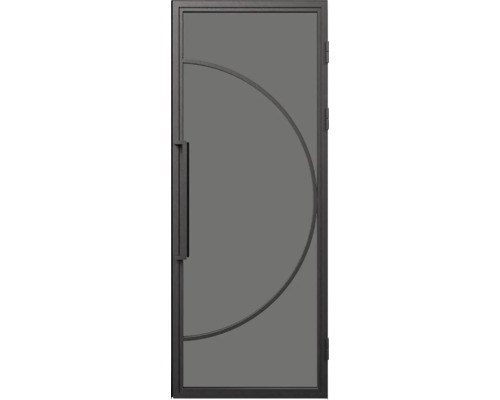 Moderne zwarte deur met metalen frame en glazen paneel, decoratief halfrond element en lange verticale handgreep.