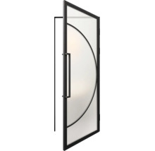 Moderne industriële deur met zwart metalen frame, glazen panelen, halfrond boogontwerp en een lange verticale deurgreep.