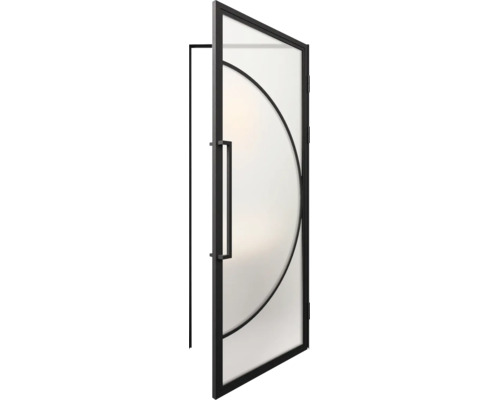 Moderne industriële deur met zwart metalen frame, glazen panelen, halfrond boogontwerp en een lange verticale deurgreep.