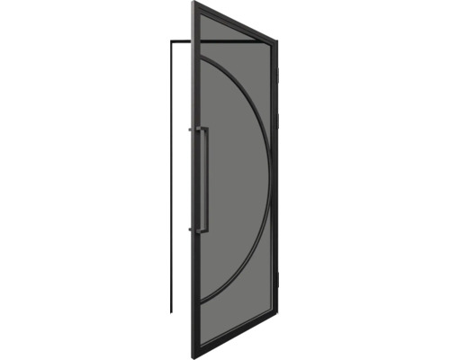 Draaideur met zwart metalen frame, glas, halfrond ontwerp en lange verticale handgreep.