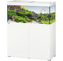 EHEIM aquariumcombinatie met wit ondermeubel en glazen bak inclusief aquascaping-interieur met waterplanten en vissen.