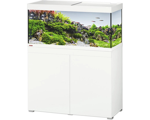 EHEIM aquariumcombinatie met wit ondermeubel en glazen bak inclusief aquascaping-interieur met waterplanten en vissen.