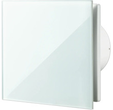 Witte vierkante badkamerventilator met glazen front voor wandmontage.