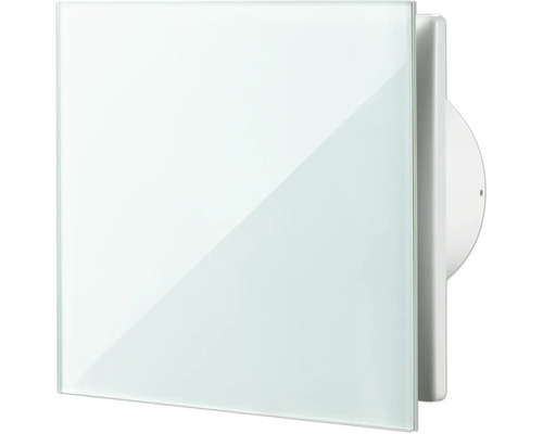 Witte vierkante badkamerventilator met glazen front voor wandmontage.