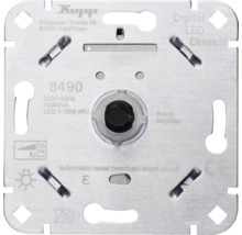 Kopp digitale LED-dimmer basiselement voor 1 tot 150 watt, vierkant metalen frame met kortsluit- en overbelastingsbeveiliging.