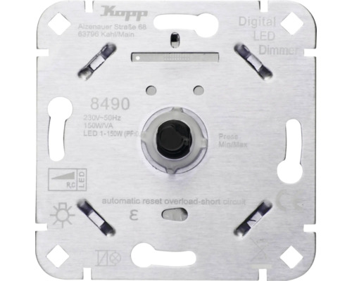 Kopp digitale LED-dimmer basiselement voor 1 tot 150 watt, vierkant metalen frame met kortsluit- en overbelastingsbeveiliging.