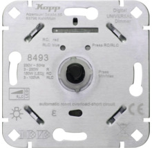 Kopp digitale universele dimmer-inzet voor led, 230 volt, 250 watt, met overbelastingsbeveiliging, CE-markering en Kopp Logo.