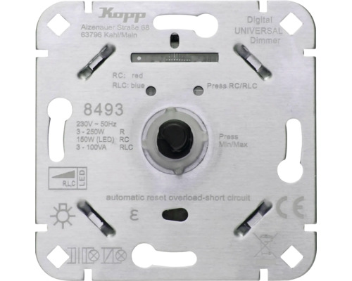 Kopp digitale universele dimmer-inzet voor led, 230 volt, 250 watt, met overbelastingsbeveiliging, CE-markering en Kopp Logo.