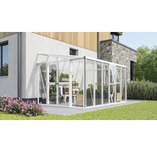 Aanleunkas van aluminium en glas tegen een huiswand, met schuifdeur en dakraam op een terras met tuinplanten.