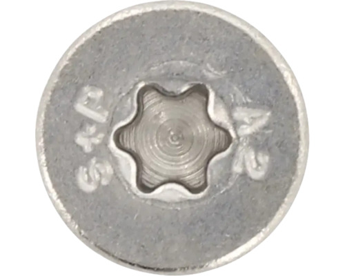 Detailopname van een ronde schroefkop met Torx-aandrijving en de markeringen S en P en A2 voor roestvrij staal.